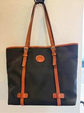 Dooney & Bourke Black Nylon Tote with Brown Leather Trim and Straps